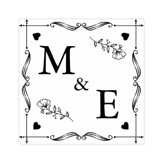 Met de hand getrokken paarse bloemen op monogram p 	rubberstempel (Afrduk)