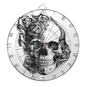 Met de hand getrokken roos schedel in zwart-wit. dartbord