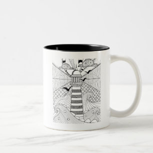 Met de hand getrokken vuurtoren tweekleurige koffiemok