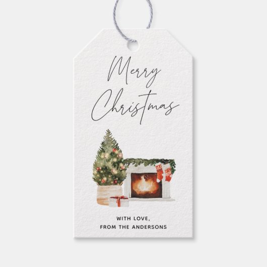 Met de hand opgestelde kerstboom en kousen, feestd cadeaulabel (Voorkant)