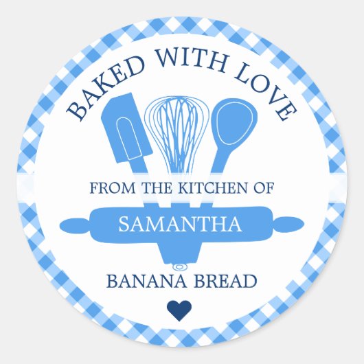Met de liefde Banana Bread Blue Gingham Kitchen Ronde Sticker (Voorkant)