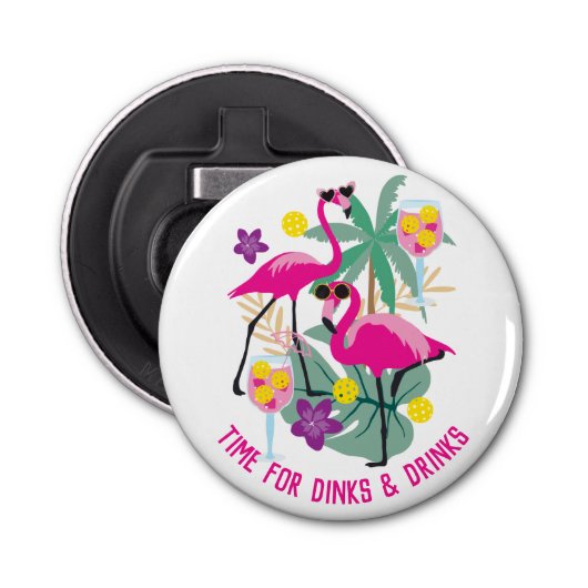 Met de tekst Summer Pickleball 🤩 Tropische Partij Button Flesopener (Voorkant)