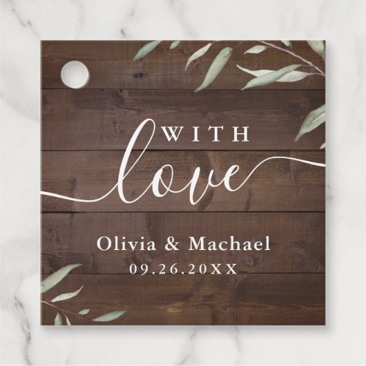 Met een liefdeselegant groen hout, een trouwe brui bedankjes labels (Voorkant)