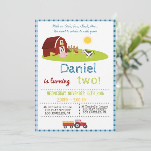 MET EEN OINK, BAA, CLUCK, MOO BOERDERIJ BIRTHDAY KAART (Staand voorkant)