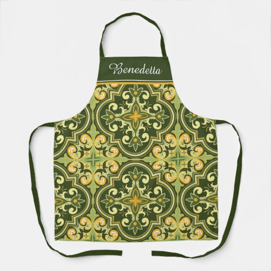 Met eigen naam 💚 olijf en geel Azulejos Schort (Voorkant)