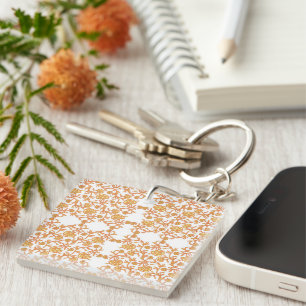 met Elegant Sinaasappel en wit bloemetjesbehang Sleutelhanger