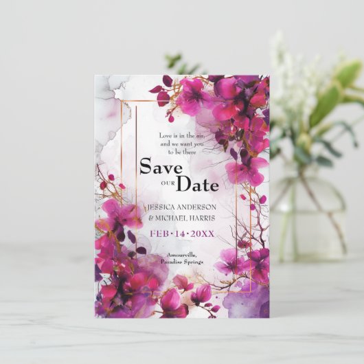 Met foto Fuchsia Enchantment: Waterverf Save The Date (Staand voorkant)