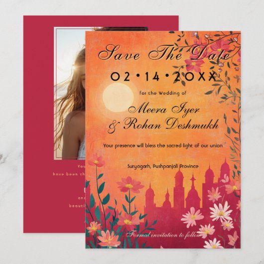 Met foto Sunset Serenade bruiloft Save The Date (Voorkant / Achterkant)