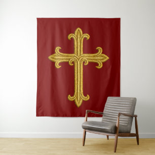 Met goud geborduurd uitziende kruis op elke kleur wandkleed