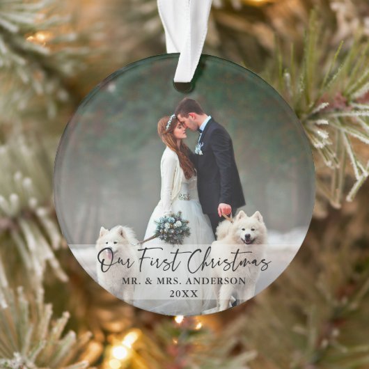 Met handgeschreven script Eerste Kerstbruiloft Fot Ornament (Boom)