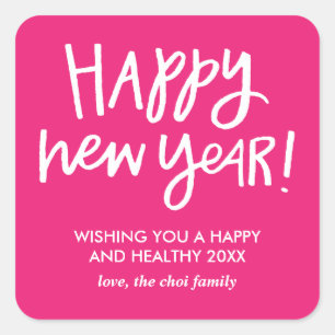 Met handschrift Happy New Year-stickers - Roze Vierkante Sticker