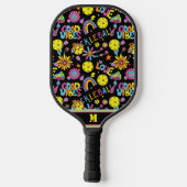 Met initiaal, Groovy, retro 90, zwart Pickleball Paddle (Achterkant)