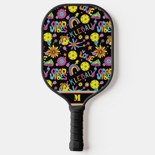 Met initiaal, Groovy, retro 90, zwart Pickleball Paddle (Achterkant)