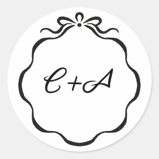 Met inkt geschreven linten en strik initialen trou ronde sticker (Voorkant)