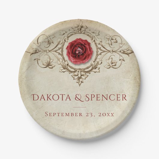 met juwelen getooid Roos | Crimson Red Gem Grunge Papieren Bordje (Voorkant)