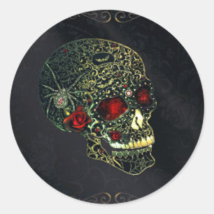 Met juwelen versierde spinnen schedel & rozen glam ronde sticker