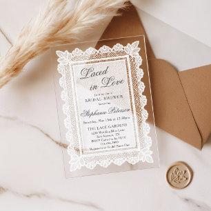 Met Kant in de Liefde Vintage Witte Kant Bruidsdou Acryl Uitnodigingen