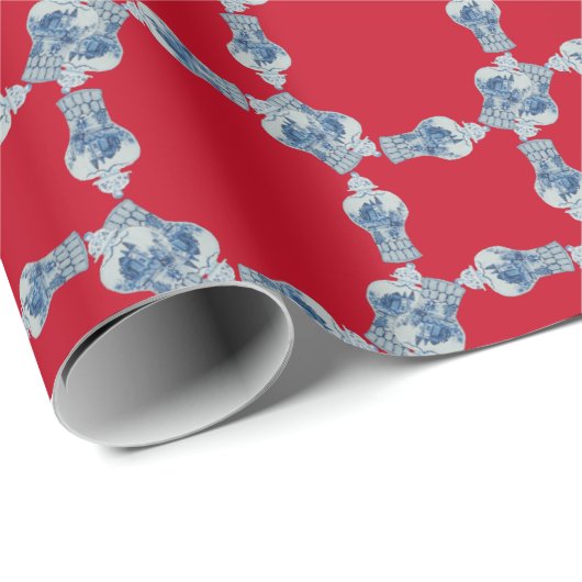 met kersthand geschilderd blauw en witte gember kw cadeaupapier (Rol Hoek)