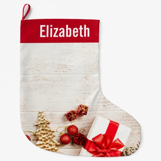 Met kerstmis behandelde items op een Rustige Woode Grote Kerstsok (Voorkant)