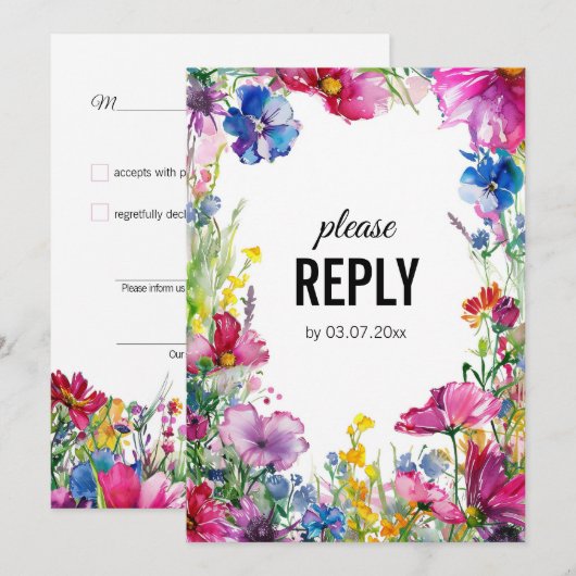 💍 Met liedverzoek 'Meadow Blooms' RSVP kaart (Voorkant / Achterkant)