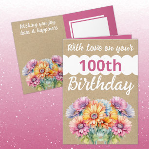 Met liefde 100ste verjaardag gerbera bloemen roze kaart