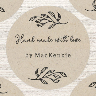 Met Liefde Handgemaakt Bruin Papier Botanische Bla Ronde Sticker
