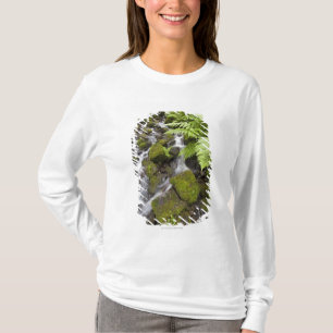 Met mos bedekte rotsen met wazig water en kannen t-shirt