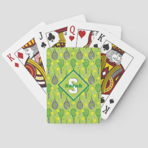 Met naam en initiaal, groene en paarse tennisracke pokerkaarten