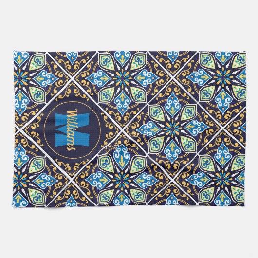 Met naam en initiaal Oriental tegels, Azulejos Theedoek (Horizontaal)