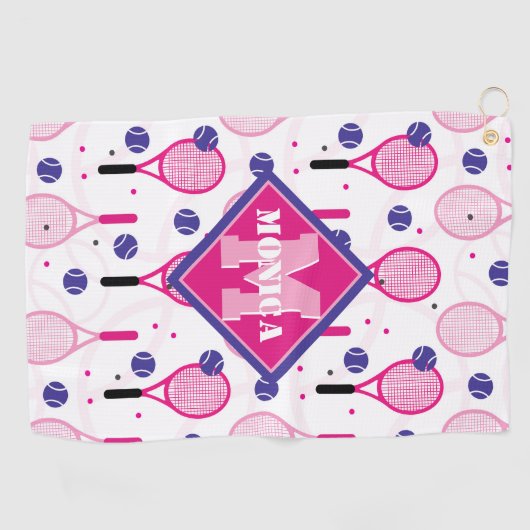 Met naam en initiaal, roze en paarse tennisrackets golfhanddoek (Horizontaal)
