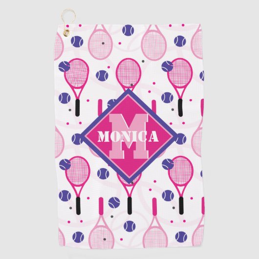Met naam en initiaal, roze en paarse tennisrackets golfhanddoek (Voorkant)