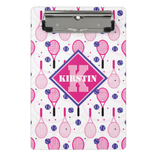 Met naam en initiaal, roze en paarse tennisrackets mini klembord