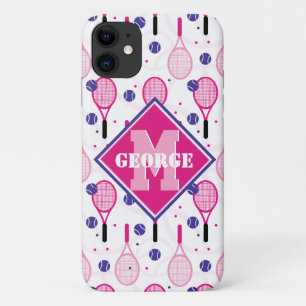 Met naam & initiaal, roze & paarse tennisrackets iPhone 11 hoesje