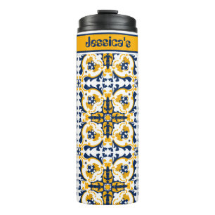 Met naam💙💛 Mooie blauwe en gele Azulejos Thermosbeker
