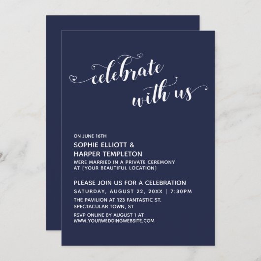 Met ons vieren Hartscript Navy Ontvangst Kaart (Voorkant / Achterkant)