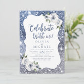 Met ons vieren! Sparkle blue glitter en floral Kaart (Staand voorkant)