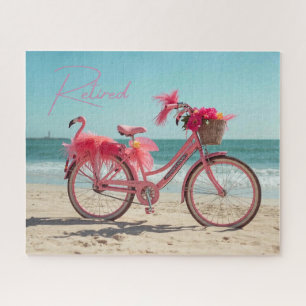 Met Pensioen Gegaande Roze Flamingo Fiets op Stran Legpuzzel