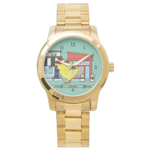 Met pensioen gegane kip gaat winkelen horloge