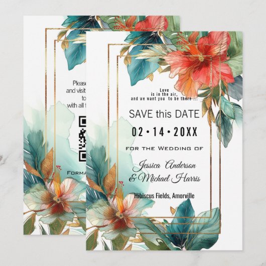 Met QR-code Hibiscus Serenade Paradise Save The Date (Voorkant / Achterkant)