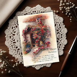 Met rozen overdekte cottage vintage 1920 verjaarda briefkaart