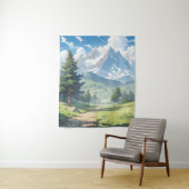 Met sneeuw bedekte bergen en weelderig groen bos wandkleed (In situ)