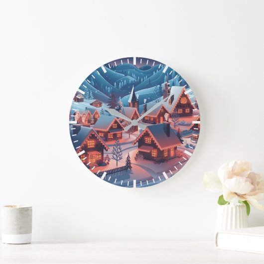 Met sneeuw bedekte huizen met kerstverlichting grote klok (Huis)