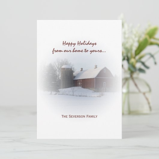 Met sneeuw bedekte rode Barn en Silo Prettige fees Feestdagenkaart (Staand voorkant)