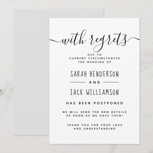 "Met Spijt" Z&W Uitgestelde Trouwkaart Aankondigin Kaart (Voorkant / Achterkant)