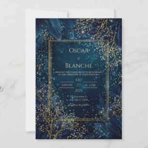 Met sterrenlicht Navy Goud Botanische Bruiloft Kaart