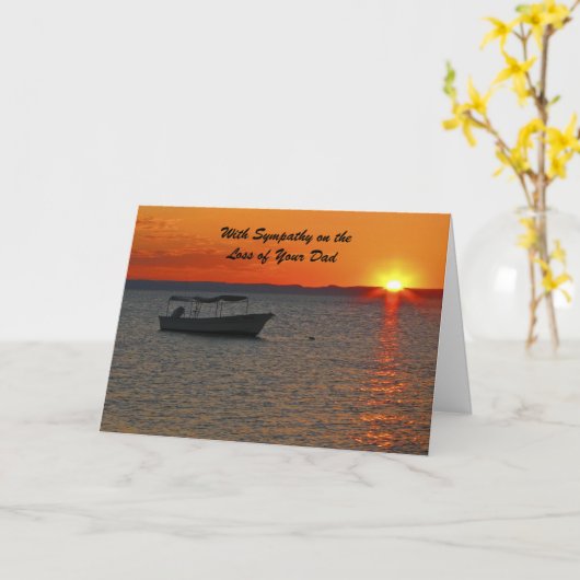 Met sympathie verlies van vader, Vist Boat Sunset Kaart (Gele Bloem)
