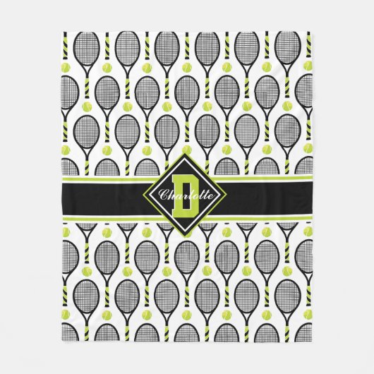 Met tekst 🎾 & monogram zwart en groene tennis wit fleece deken (Voorkant)