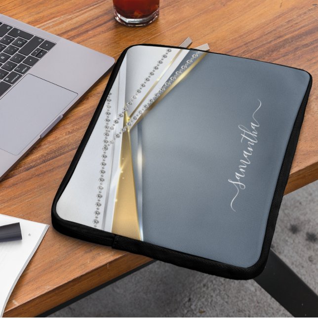 Metaal 3-D-look Calligrafie Gold Monogram Diamond Laptop Sleeve (Creator heeft geüpload)