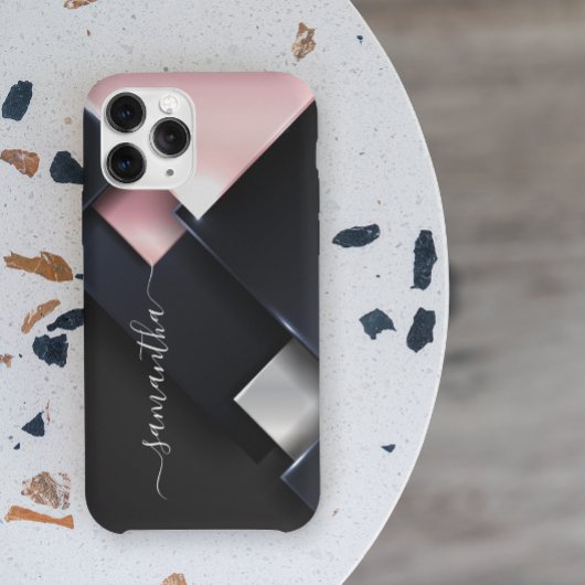 Metaal 3-D Monogram roze Zwarte vierkantjes Case-Mate iPhone Case