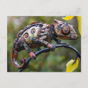 Metaal kameleon zittend op tak briefkaart